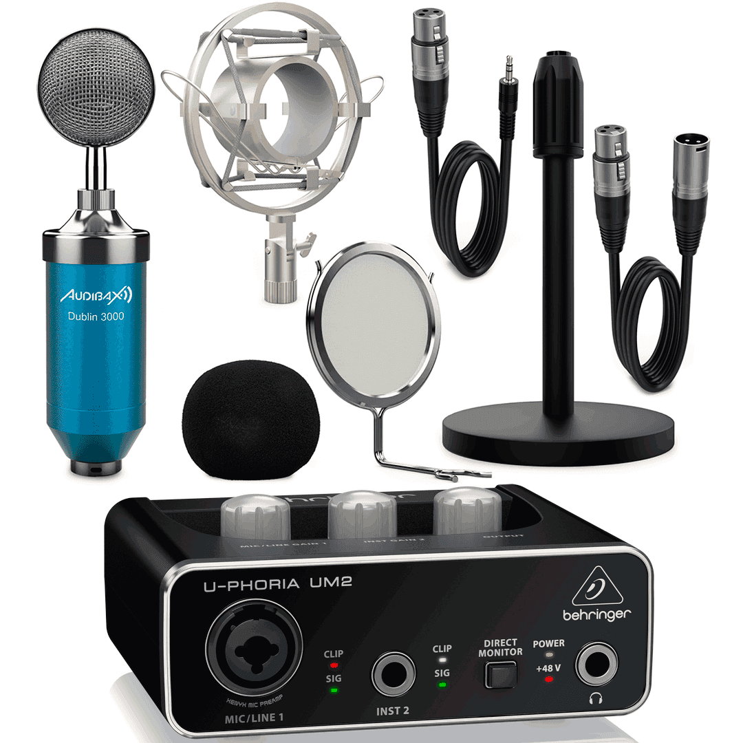 Interface Audio Behringer UM2 U-Phoria + Micrófono Estudio Blue Pack Dublín con Accesorios