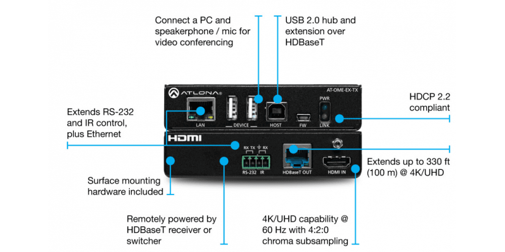 Atlona Transmisor OMEGA 4K/UHD HDMI y USB sobre HDBaseT, 100mts, Control y PoE AT-OME-EX-TX