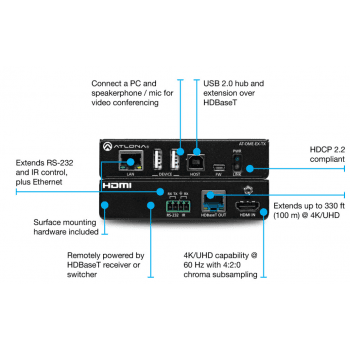 Atlona Transmisor OMEGA 4K/UHD HDMI y USB sobre HDBaseT, 100mts, Control y PoE AT-OME-EX-TX