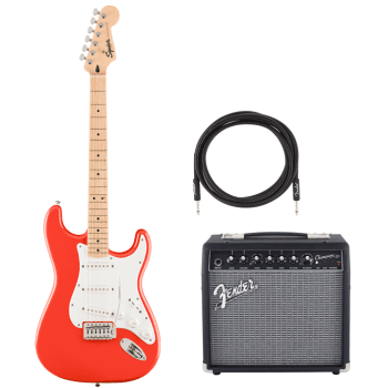Squier by fender fsr sonic stratocaster mn fiesta red guitarra eléctrica + fender champion 20 + cable jack 3 metros