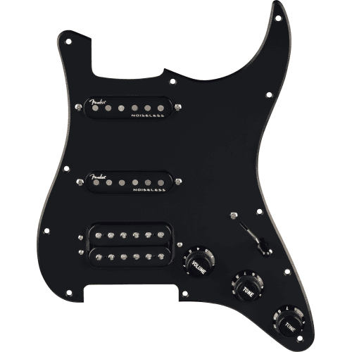 Fender Pre-Wired Strat Pickguard, Quadra Tap/Ultra Noiseless HSS, Black 11 H Golpeador Pre-Wired Strat Pickguard, Quadra Tap/Ultra Noisel
