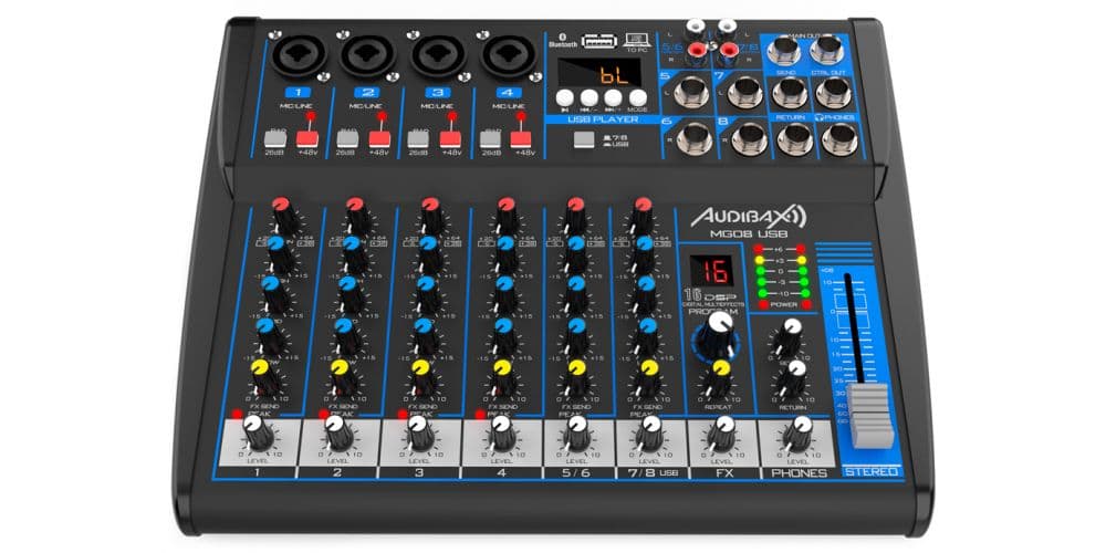 Audibax MG08 USB Mesa Mezclas 8 canales con Bluetooth, MP3 , USB Rec y Efectos MG08