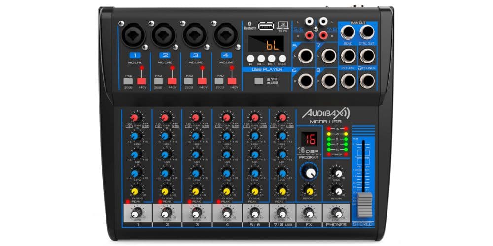 Audibax MG08 USB Mesa Mezclas 8 canales con Bluetooth, MP3 , USB Rec y Efectos MG08