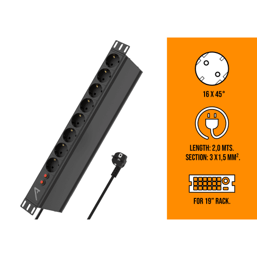 Audibax PSR16-2SF Regleta 16 Tomas Schuko para Armario Rack 19 PSR16-2SF Regleta 8x Schuko