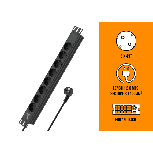 Audibax PSR8 Regleta 8 Tomas Schuko para Armario Rack 19" 1U con Interruptor On/Off PSR8 Regleta