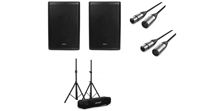 2 x fonestar force-15dsp altavoz activo 15 pulgadas 700w + soportes + cables xlr 10 m