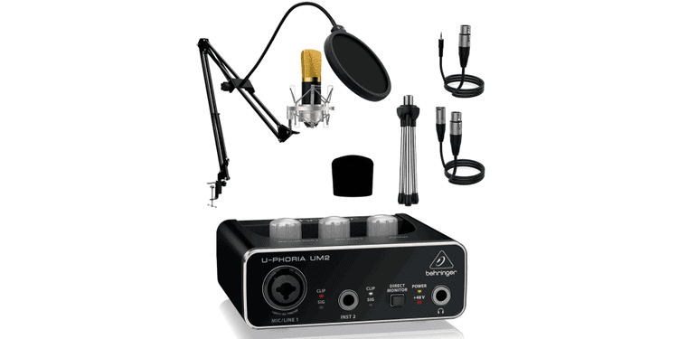 Audibax berlin 1800 gold pro pack micrófono + soporte + antipop + cables + interface behringer um2